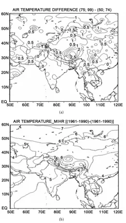 Figure 2. (a) Surface air temperature difference between the periods 1975-1999 and 1950-1974 from observations; (b) Same as (a) but for the period 2070-2099 and 1961-1990