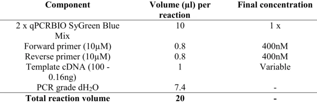 Table 3.4: Master mix setup for real-time PCR 