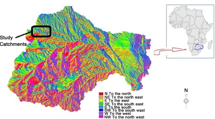 Figure 1. Location map of the study catchments and flow direction map of the Limpopo basin