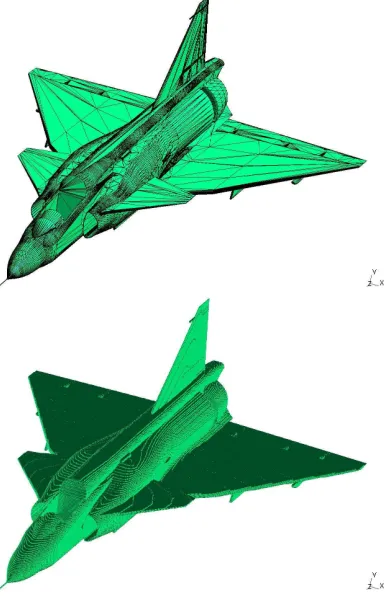 Fig. 17. Input unstructured mesh (top) and generated structuredmesh (bottom) of an aeroplane [37].