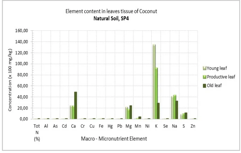 Figure 7. Nutrient content in leaf tissue of Coconut, inactive tailings of MP21