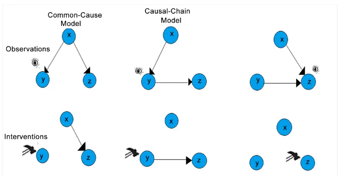 Figure 6. Example of observations (symbolized as eyes) and interventions on (symbolized as hammers) the three basic causal models