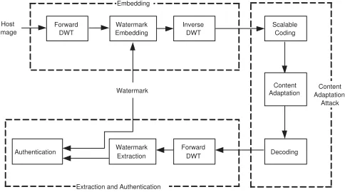 Fig. 3.Algorithmic block diagram of wavelet based watermarking andscalable content adaptation attack.