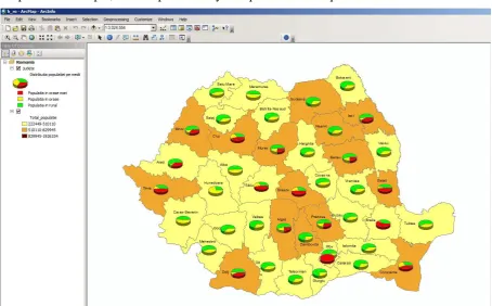 Figure 1 Colouring the map using the color ramp and the PieChart symbology based on counties’ population   