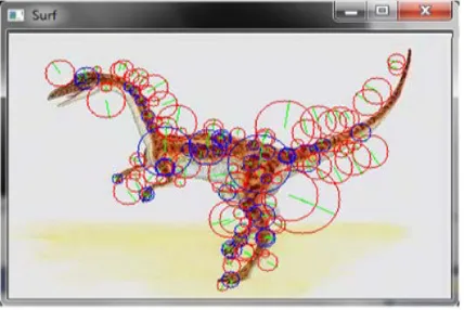 Figure 1 shows an example of SURF Interest points in image number 414 (Dinosaur) from COREL1000 database: 