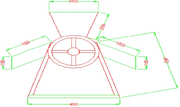 Figure 3a:Orthographic projection (side view) of the soybean dehulling machine. (All dimensions in mm)