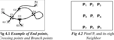 Fig 4.1 Example of End points,                        Fig 4.2 Pixel Pi and its eight Crossing points and Branch points                                   Neighbor   