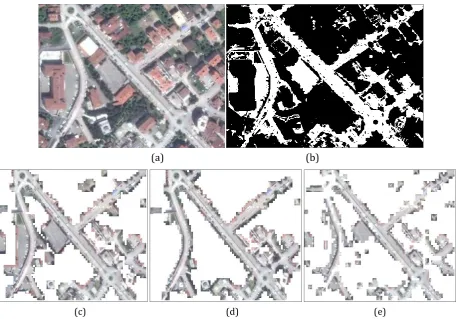 Fig. 4. (a) Original image, (b) binary image, (c) result of k-nearest neighbours (block size:15×15 pixels), (d) result of naive bayes (block size:15×15 pixels), (e) result of k-nearest neighbours (block size:10×10 pixels)
