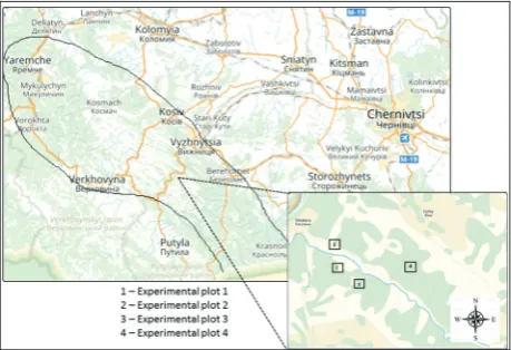 Fig. 1. Geographical distribution of the studied area. The symbols indicate the location and number of experimental plots
