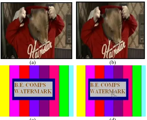 Fig. 6: Results (a) 10(c)                                                      (d) Embedded video frame (c) Original watermark ‘watermark1.jpg’ th frame of the Original host video (b) 384x256 (d) Extracted watermark image