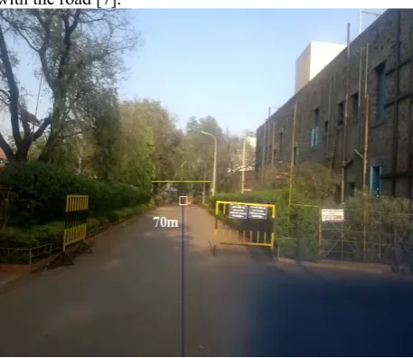 Figure 1: An image showing the depth estimation at 70m.The object is marked with white rectangle and the yellow line contains the vanishing point