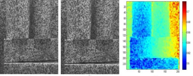 Figure 8. Detail of two 238 ×205 defocused images and estimated depth map after median filtering by the proposed DFD algorithm