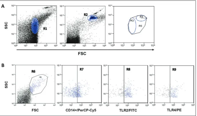 Fig. 1. Representative FACS dot plot of microparticles. A – Calibrator beads (blue dots) from 0.1 µM and 1.0 µM (‘R1 and R2’, respectively) are visualized in a forward scatter/side scatter loga-rithmic representation; ‘R5’ was selected as the MPs region