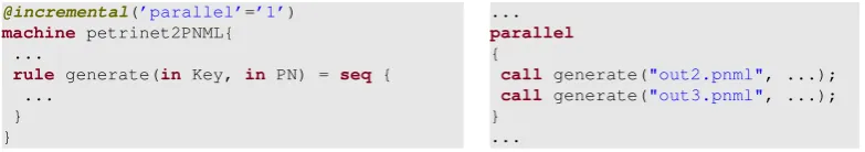 Figure 10Multi-threaded model manipulation is also available from the language; the second listing in shows two ASM rule invocations (the two PNML generation jobs) executed in parallel,instead of sequentially, as proposed in Subsection 4.3.