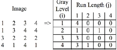 Fig. 1 Example of the calculation of the run length matrix for a 4×4 image in 0 0 directions andfor 4 gray levels