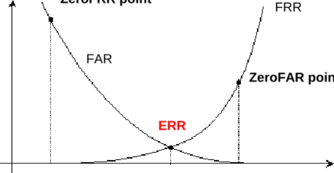 Figure 1.10.  Typical course of FAR and FRR of a biometric system. 