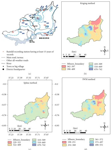 Figure 7: Annual rainfall maps of observed and those of reconstructed rainfall using IWM, Kriging, and Spline interpolation techniques.