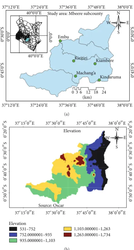 Figure 1: Map showing the study area and its elevation withstudied point gauged rainfall data; Machang’a and Embu, Kiritiri,Kindaruma, and Kiambere.