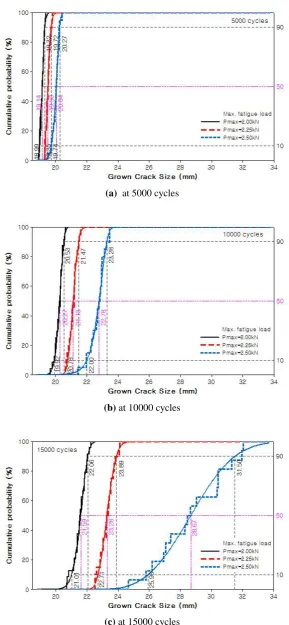 Fig. 1(c) Empirical cumulative distribution function for 3-parameter Weibull distribution of grown crack size at specified FCP cycle : (a)~(c) 