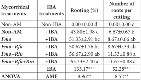 Table 1. Effect of exogenous IBA and AMF inoculation on rooting percentage and number of roots in cuttings of carob.