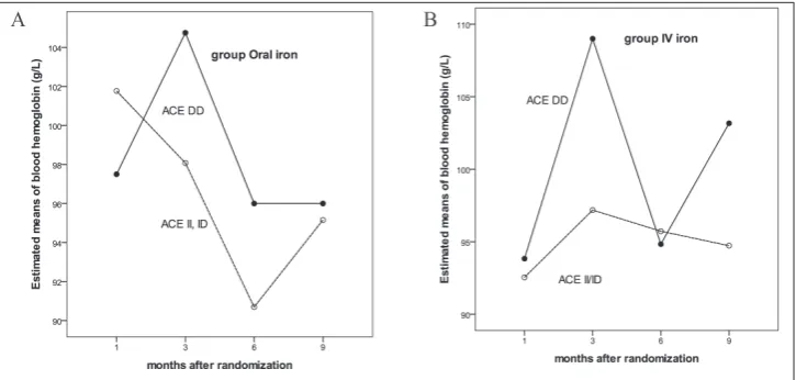 Fig. 3. Time-course of changes in blood hemoglobin concentration with respect to the I/D-ACE genotype iron supplementation