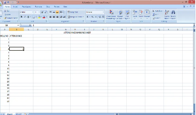 Fig 5: Excel sheet entry for monitored image and attendance marked as 1 in the corresponding column  