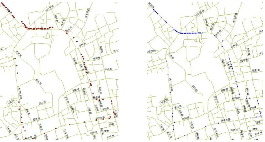 Figure 9.  The original GPS position point and the results of map-matching 