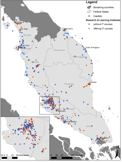 Figure 5: Distribution of Research Institutes and Institutions of Higher Learning with or without ICT Courses, Peninsular Malaysia 2000 