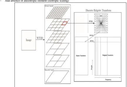Fig. 3: Flow Chart Of First  Generation  Discrete Curvelet Transform .The ﬁgure illustrates the decomposition of the original image into sub- bands followed by the spatial partitioning of each sub-band