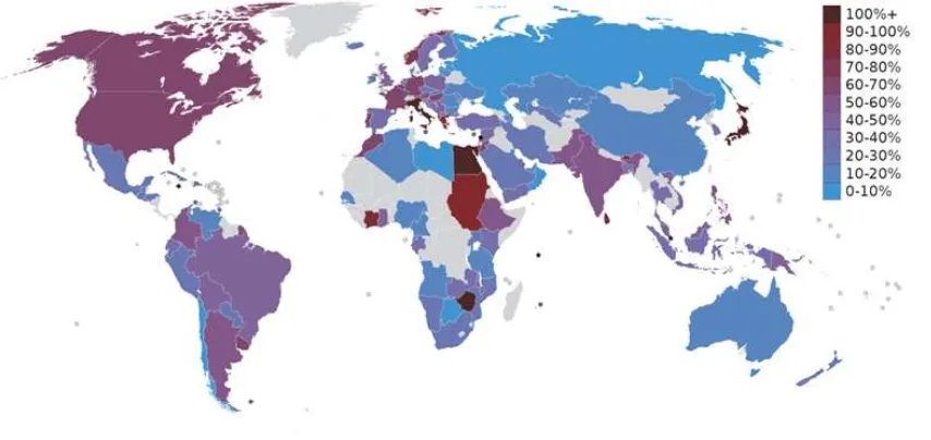 Figure 5: Public debt as a percent of GDP (2009/2010) taken from CIA Factbook (2010).