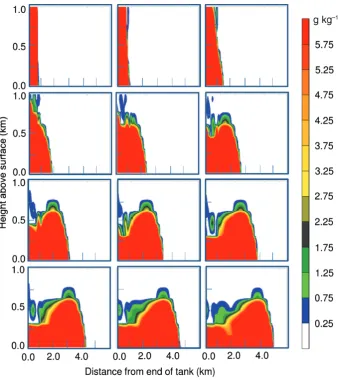 Figure 1. Concentrations of dense gas (colour shaded, g kg−1) at successive times for the dam-break test case