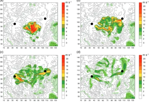 Figure 7. As for Figure 6, but wind speeds (colour shaded) at the lowest model level for (a) 10 min, (b) 15 min, (c) 20 min and (d) 30 min afterrelease