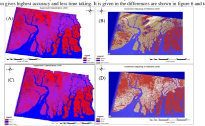 Figure 6. (A) Showing the manual classification result of 2005 imagery, (B) is showing 2005 automatic classification, (C) Showing 2008 image manual classification and (D) is showing 2008 automatic classification result