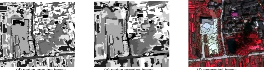 Fig.3. Original QuickBird image and processed images by segmentation. Figure 3(c-e) use 10 gray scales to roughly represent the processed images