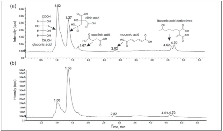 Fig. 4. LC-MS chromatograms (negative ion mode) and identification of small molecules in a – CCF and b – AP.