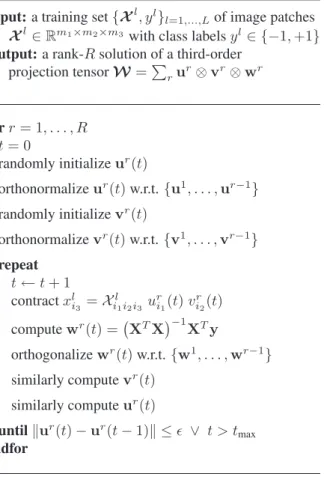 Figure 2. Alternating least squares scheme to compute a separa- separa-ble third-order tensor classiﬁer W given as a sum of completely orthogonal basis tensors u r ⊗ v r ⊗ w r .