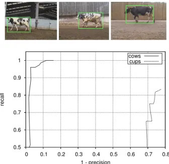 Figure 3. Detection results and precision-recall curve obtained on the ETHZ database of cows [12]