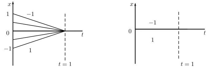 Figure 5. Two diﬀerent initial data give the same solution at t = 1 .