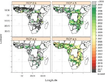 Figure 1: Time at which the climate change signal for crop duration is detected. The specified year refers to the mid-point of the 20-year period in which the median crop duration falls below the 25th quantile of the baseline period (1995 to 2014)