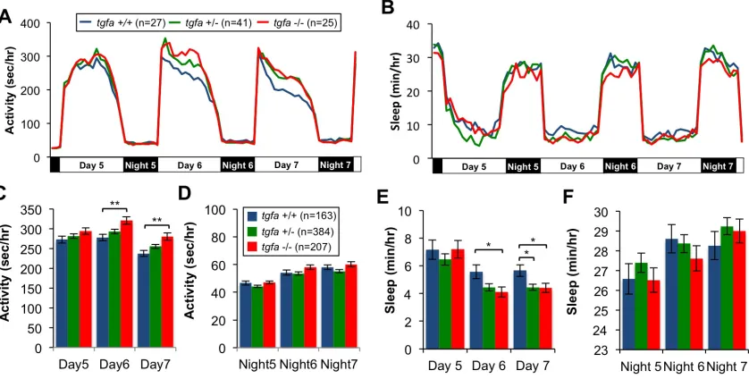 Figure 2. TGFalpa loss-of-function mutants have increased daytime activity and decreased 