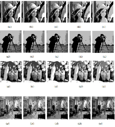 Figure 2. Three-level threshold images obtained using (a) MBFO, (b) BF, (c) PSO, (d) GA, and (e) HCOCLPSO 
