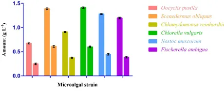 Figure 1.    Total biomass production (g L-1) by each studied microalgae (left columns) and total amount of lipid (g L-1) in biomass (right columns) with error bars (n=3).