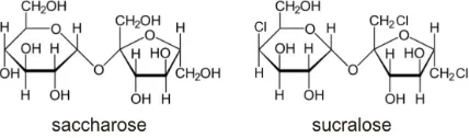Figure 1.    Chemical structure of saccharose and sucralose (same structure, but with three Cl)