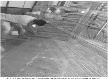 Fig. 2 Adjustment of the cotton yarns through guide reeds after cutoff of threads  