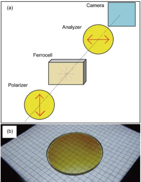 Figure 2. In (a) the square Ferrocell1 used in setup 1 with backlighting tech-nique between the polarizer 1 and the analyzer (polarizer 2)