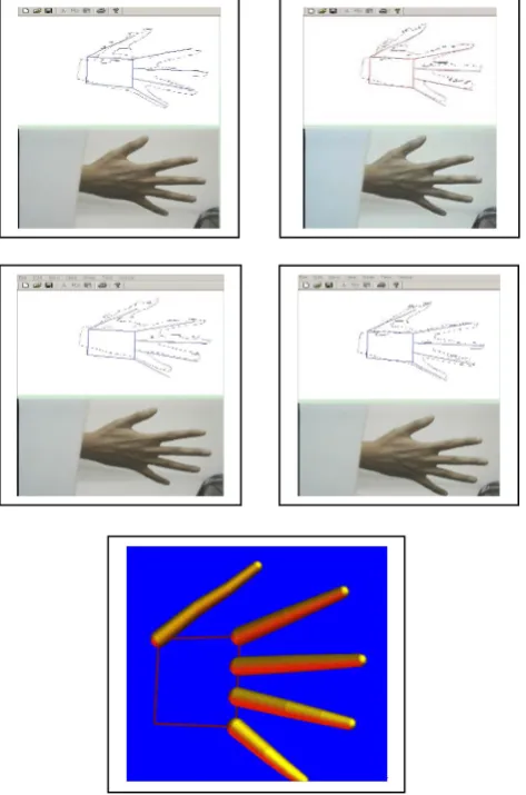Figure 7.  The skin segmentation.  (a) The raw frame image. (b) The segmented human hand from chaotic background and the projection onto the image of 3D model by hand