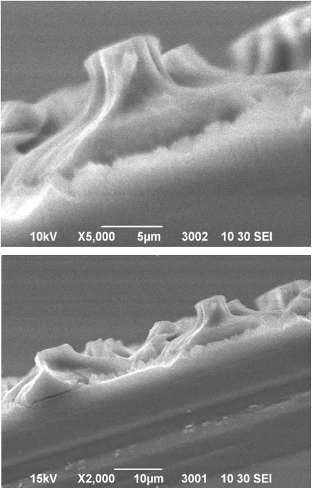 Figure 8. SEM image of the surface por-Si and elemental composition of different morphological parts after anneal- ing at 300˚C [4]: islets with elemental composition—30.54% (Si), 51.81% (O), 17.65% (C); a residual trace of an island - 50.17% (Si), 35.09% 