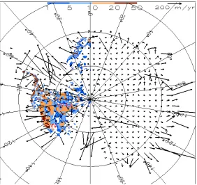 Figure 4. Upon convergence of the optimization procedure, SEGMENT-ice simulated surface velocities over Antarctica ice sheet (vector arrows) and the retrieved granular material depth under the overlain ice (color shading, in meters) over WAIS