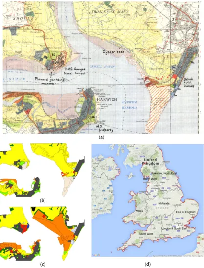 Figure 4. Examples of the National Trust land use data ((a) the original base maps; (b) the 1965 data;c) the 2014 data; and (d) the National Trust administrative regions with the coastal strip in red.A legend for the classes is not included.