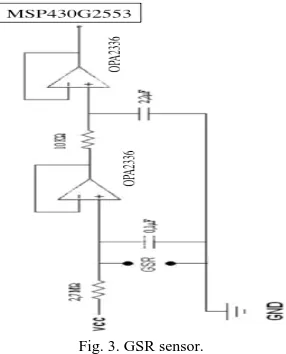 Fig. 3. GSR sensor. This circuit works as voltage divisor comparing skin 